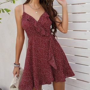 New Surplice Neck Knot Ruffle Trim Dalmatian Cami Dress Burgundy red